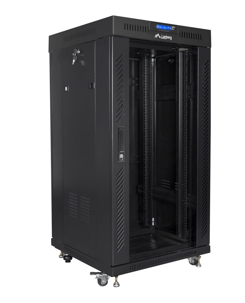 Lanberg Free Standing Cabinet 19'' with Glass Door 22U 60cm Ventilation Panel with LCD, 2 Fans & Thermostat Black (not